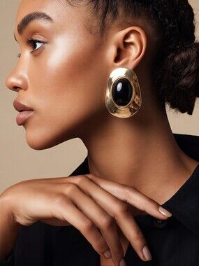 Mayamar Black Sculptural Oval Gold Earrings & Gift Bag